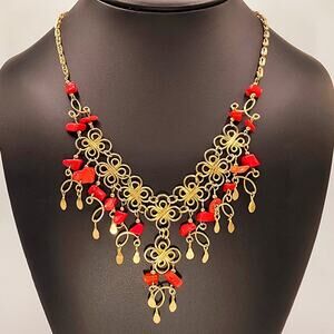 Coral Glass Drop Necklace Gold Tone Filigree Bib Statement Fringe Boho Vintage